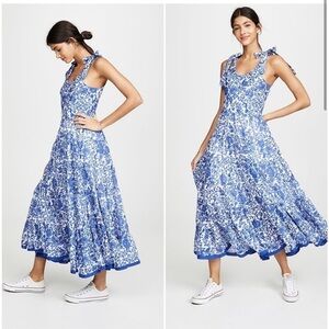 Free People Kikas Printed Midi Dress in Blue Combo floral tie shoulder tiered M